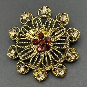 Yellow Gold with Champagne and Brown Topaz Crystal Ornate Flower Pin Back Brooch